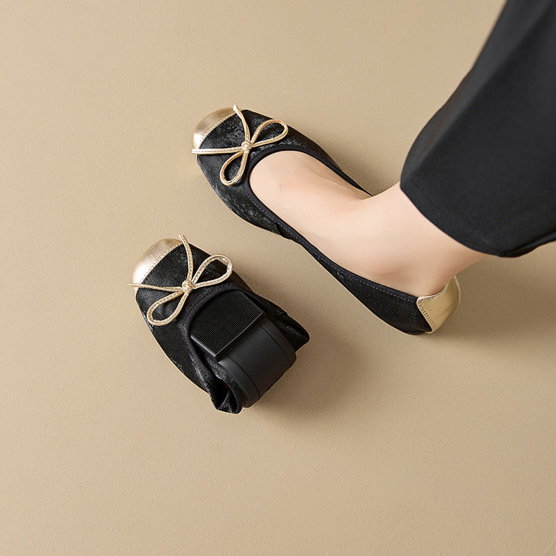 Spring Sheepskin Small Single-layer Shoes Women's Korean Style Bow Tie-up Small Leather Shoes Slip-on plus size Shoes