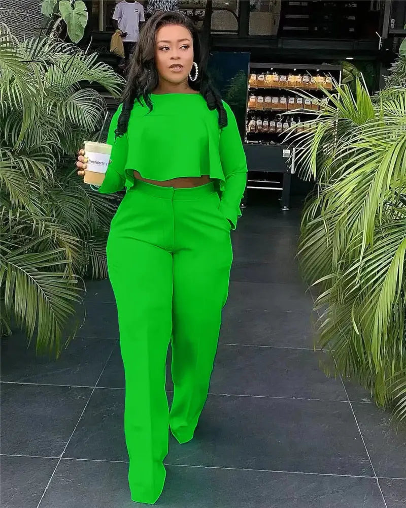 Ingvn - 2023 Elegant Work Wear Two Piece Set Fall Clothes for Women Ruffles Crop Top and Wide Leg Pants Suits Matching Sets Sexy Club Outfits