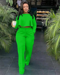 Ingvn - 2023 Elegant Work Wear Two Piece Set Fall Clothes for Women Ruffles Crop Top and Wide Leg Pants Suits Matching Sets Sexy Club Outfits