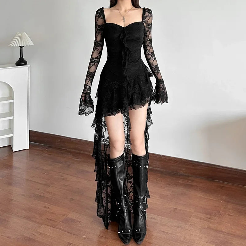 Fairycore Lace Flare Sleeve Square Neck A-line Dress Sweet E-girl Irregular Long Hem Dresses Cyber Y2K Party Vestido