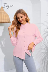 Ingvn - Mock Neck Buttoned Long Sleeve Shirt