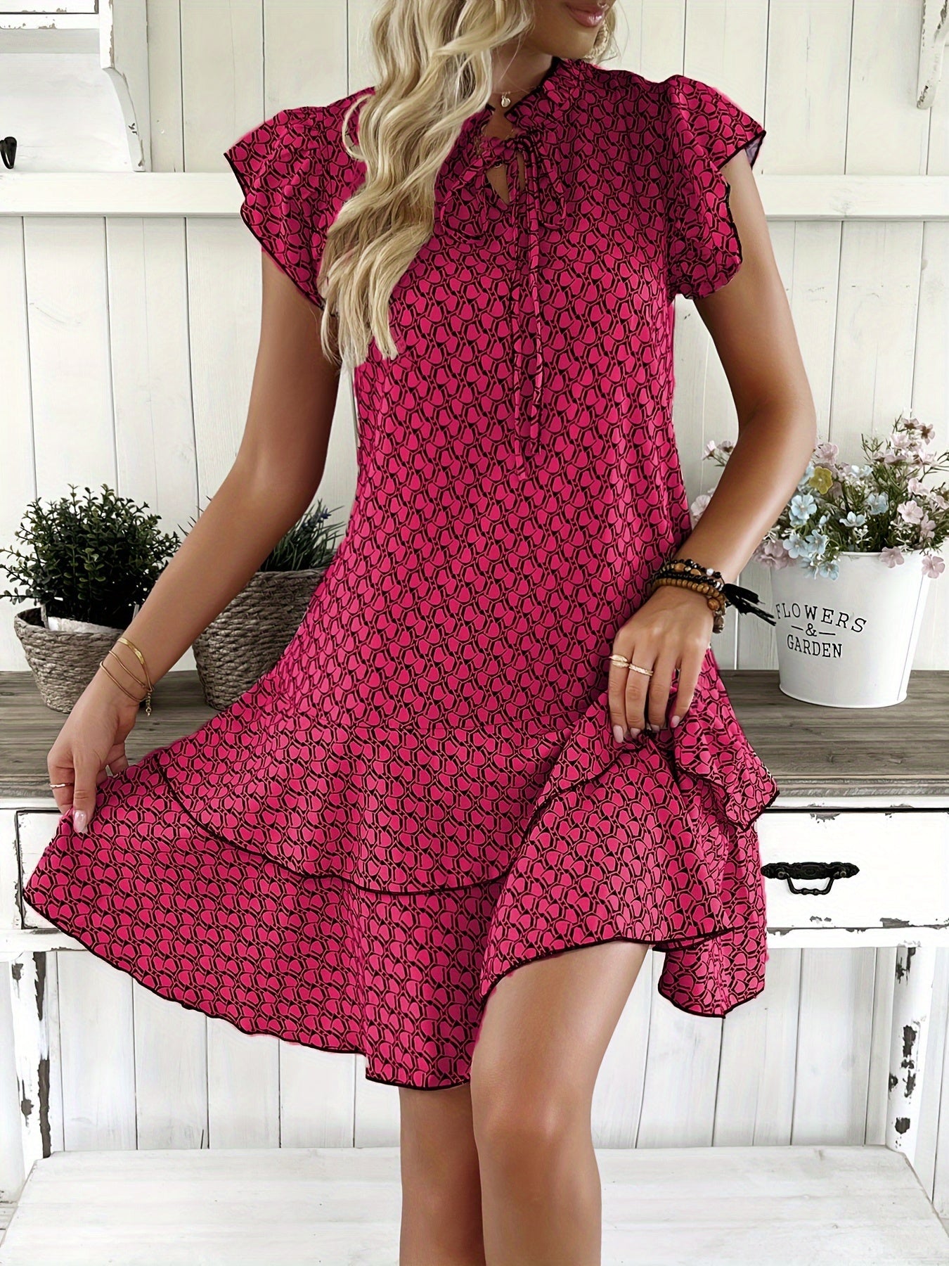 Elegant Ruffled Tie Neck Dress - Women's Spring & Summer Layered Dresses with Allover Print - Perfect for Elegant Dressing Occasions