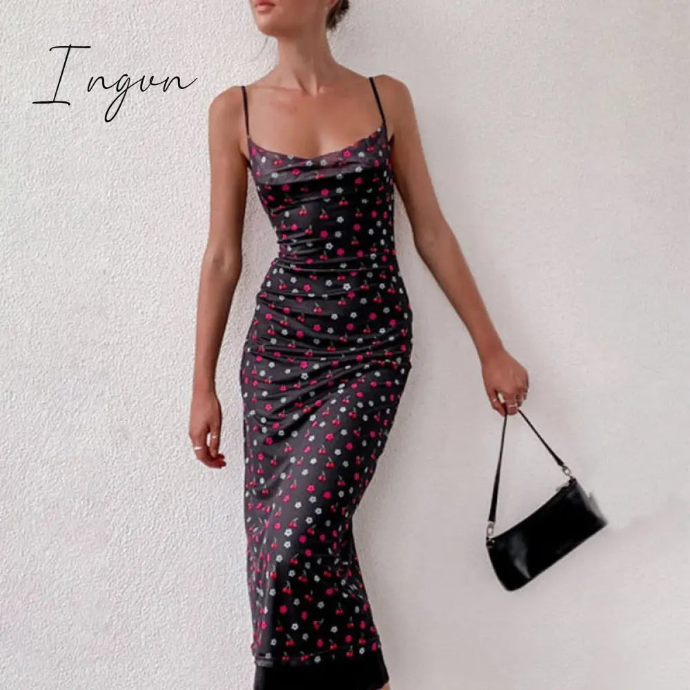 Ingvn - Sexy Ladies Sling Sleeveless Off-shoulder Floral Print A-line Dress Summer Sweet Women Beach Slim Dress Elegant Bodycon Vestidos