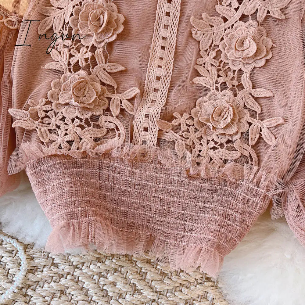 Ingvn - spring Women Mesh Tops Fashion Sexy Sheer Lace Blouse Lantern Sleeve 3D Floral Blouses Shirts Elegant Top Blusas Femininas