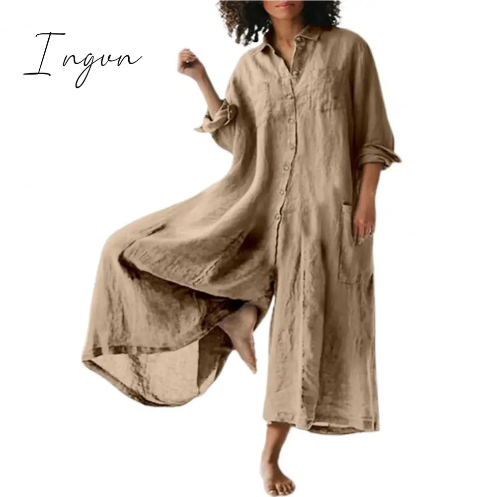 Ingvn - Cotton Linen Women Jumpsuit Oversized Vintage Button Jumpsuit Summer Women Casual Beach Playsuit Wide Legs Pants Loose Romper