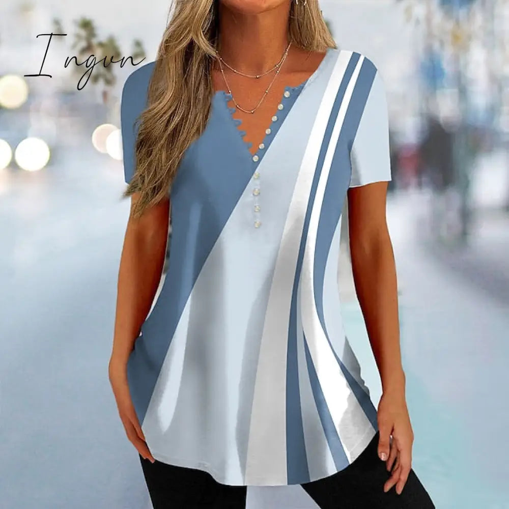 Ingvn - Women's T shirt Tee Black Pink Blue Color Block Button Print Short Sleeve Daily Weekend Basic V Neck Regular Painting S