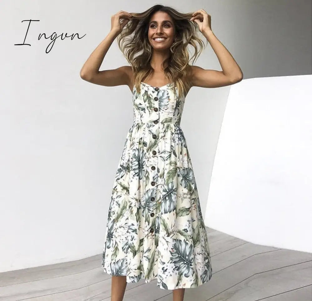 Ingvn - Vintage Casual Sundress Female Beach Dress Midi Button Backless Polka Dot Striped Women Dress Summer Boho Sexy Floral Dress