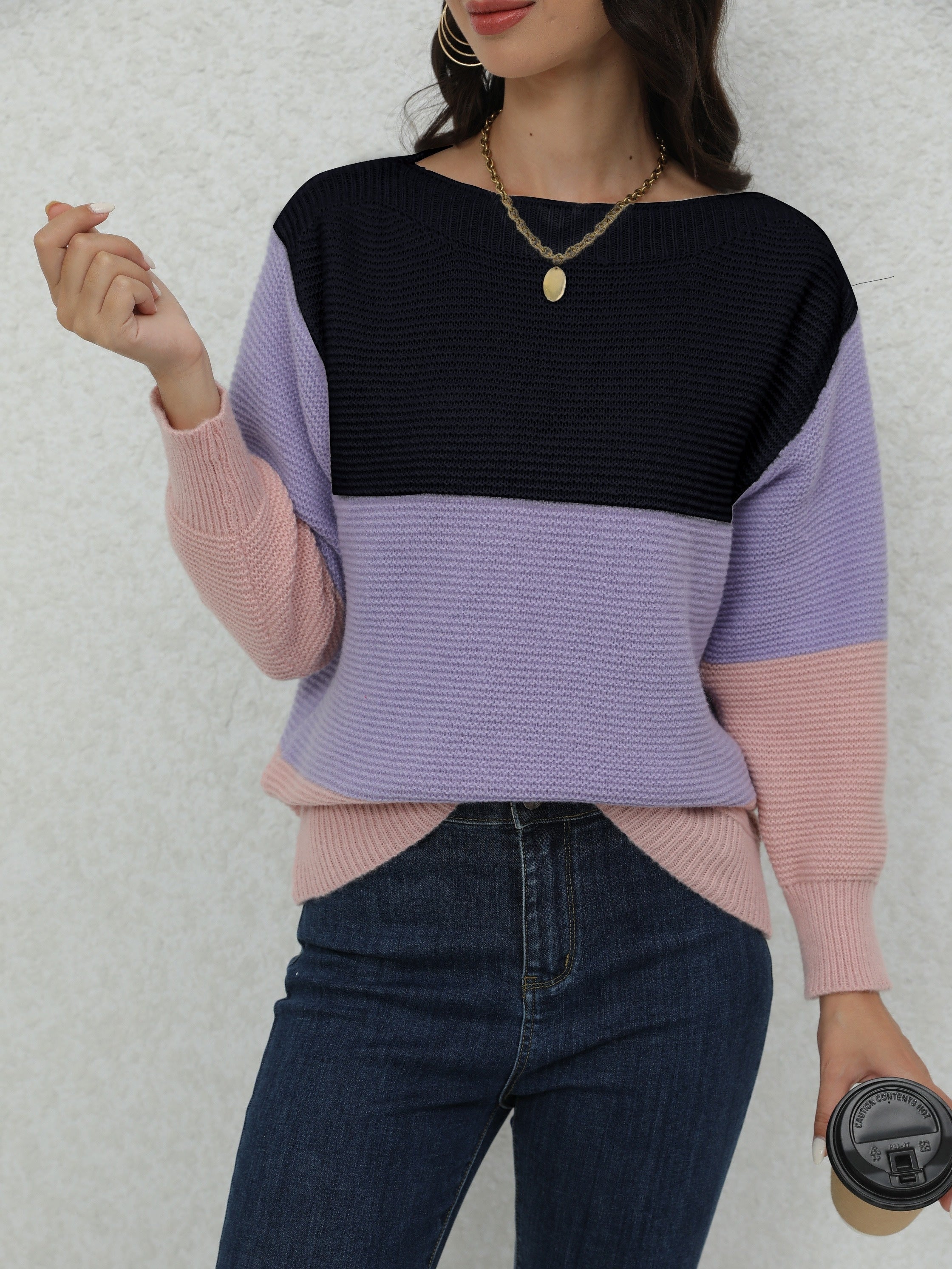 Color Block Boat Neck Pullover Sweater, Casual Long Sleeve Loose Sweater, Women's Clothing