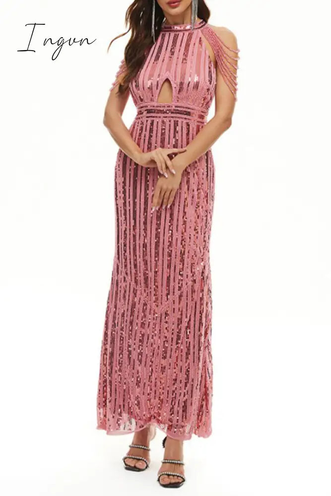 Ingvn - Celebrities Elegant Solid Sequins Patchwork O Neck Evening Dress Dresses