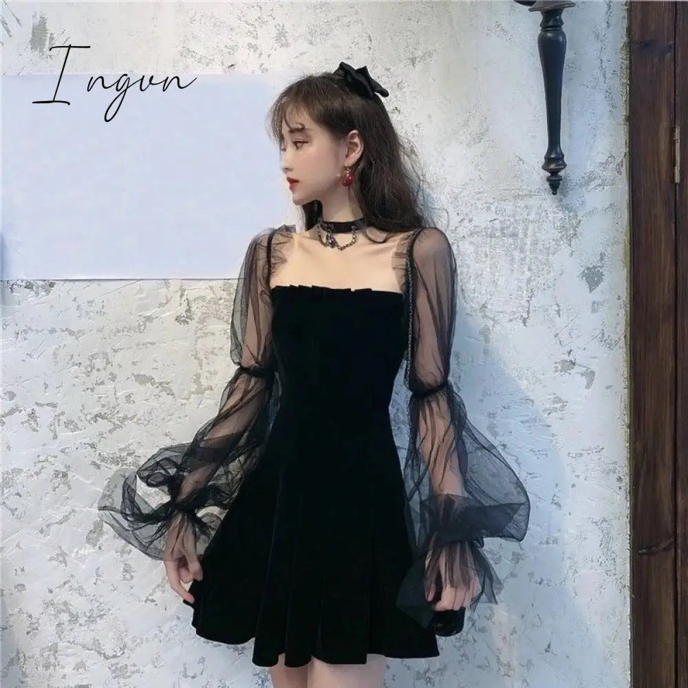 Ingvn - Gothic Sexy Dress Vintage Off Shoulder Lantern Sleeve Mesh Patchwork Velvet Mini Dress Dark Street Black Dress for Female