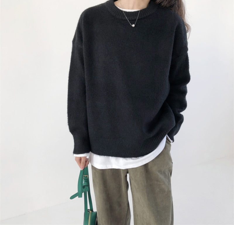 Voguable Elegant Women Sweater Oversized Knitted Basic Pullovers O Neck Loose Soft Female Knitwear Jumper