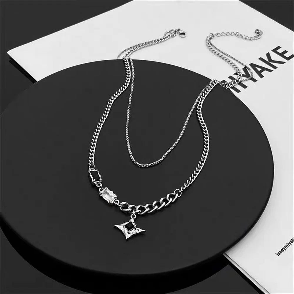 INGVN  Hip Hop Zircon Star Double Layer Necklace For Men Women Trend Charm Titanium Steel Pendant Chain Unisex Jewelry