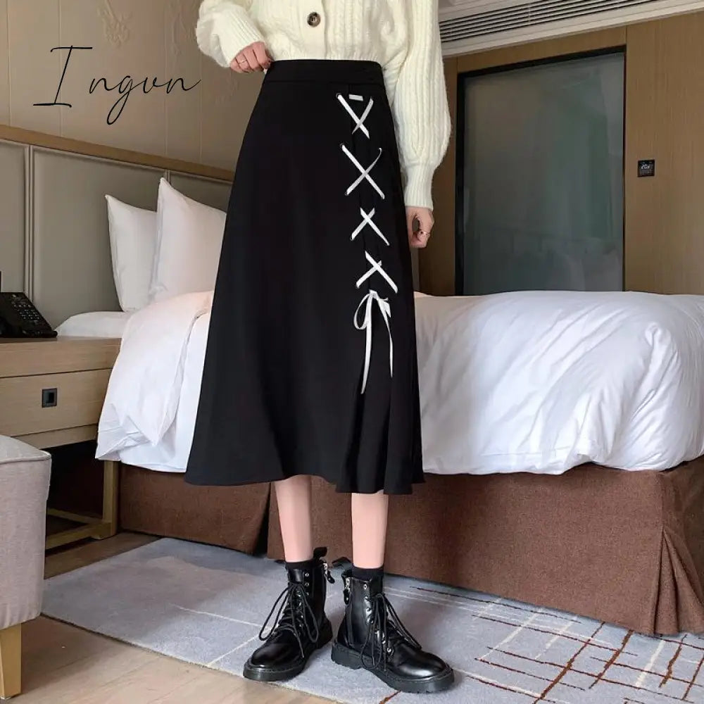 Ingvn - Spring/Autumn Women Skirts High Waist Student Korean Style Dark Vintage Ruffle Long A-line Skirts Women Fashion