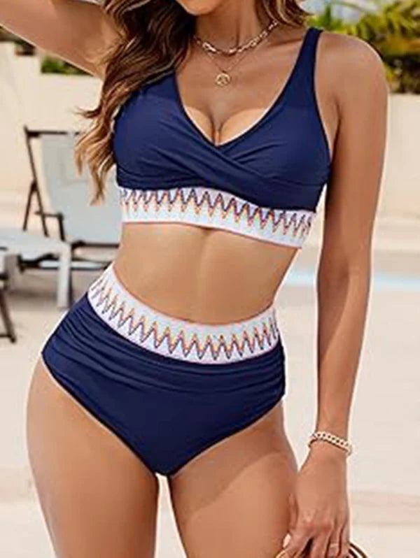 2025 Women's Bikinis Set Contrast Zigzag Print Crossover Bikini Swimsuit Plunging Neck High Waist Two Piece Swimwear