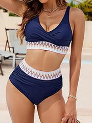 2025 Women's Bikinis Set Contrast Zigzag Print Crossover Bikini Swimsuit Plunging Neck High Waist Two Piece Swimwear