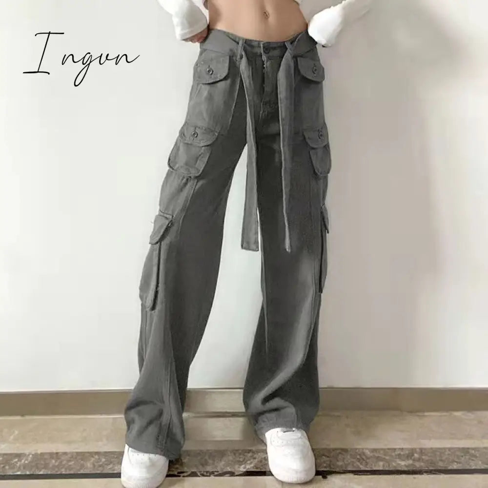 Ingvn - Vintage Streetwear Cargo Pants Women Harajuku Street Loose Straight Women Jeans Casual Slim Versatile High Waisted Jeans Pants