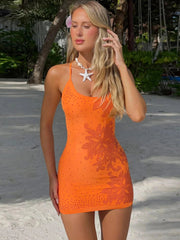 Sexy Flower Rhinestones Dress Women Low-Neck Cross Bandage Backless Fashion Vacation Thin Beach Party Style Mini Bodycon