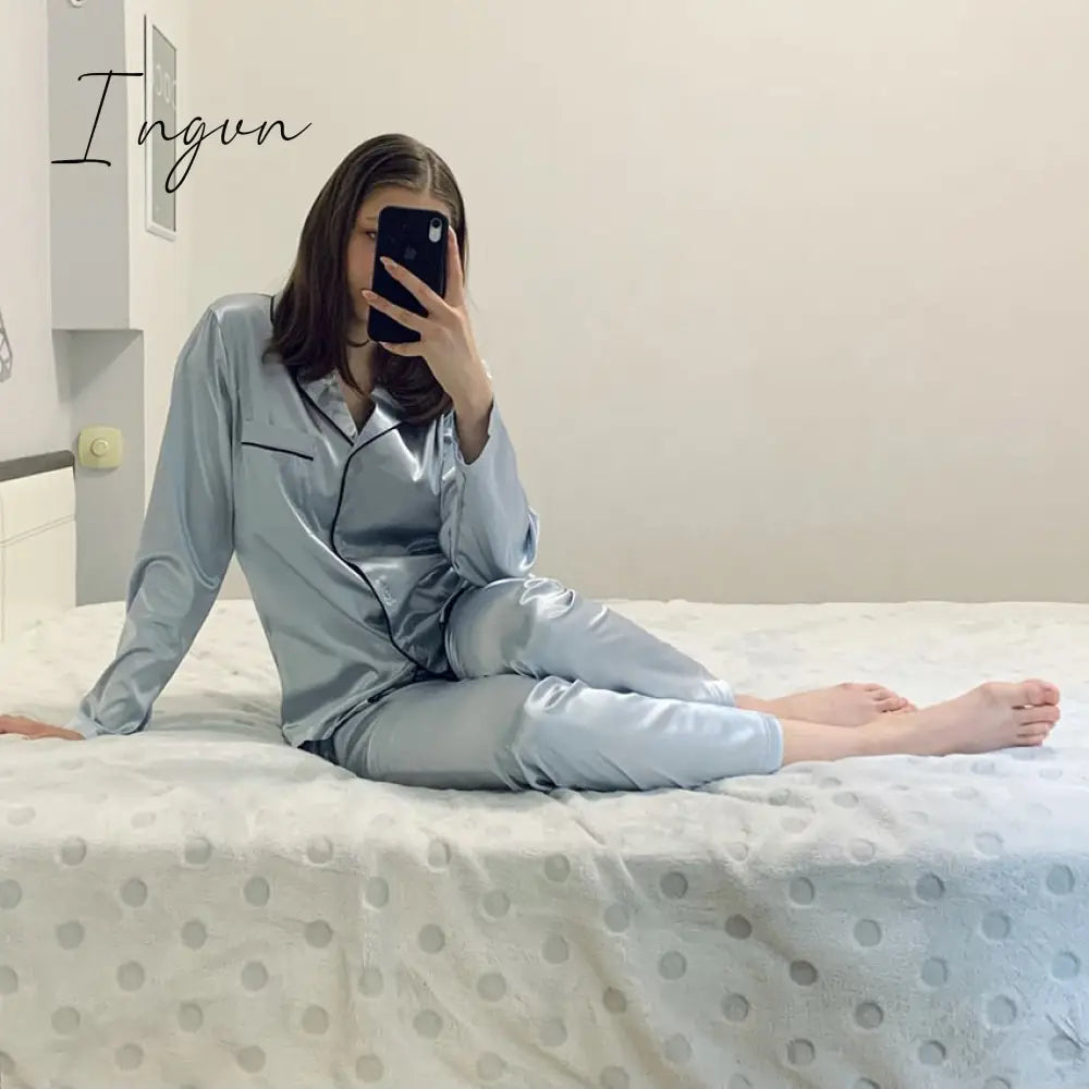 Ingvn - Fashion Solid Color Satin Robe Set With Bra Sexy Pajamas Set Female Home Suit For Women Pajama Spring Long Sleeve Sleepwear