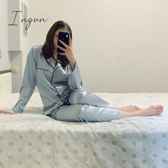 Ingvn - Fashion Solid Color Satin Robe Set With Bra Sexy Pajamas Set Female Home Suit For Women Pajama Spring Long Sleeve Sleepwear