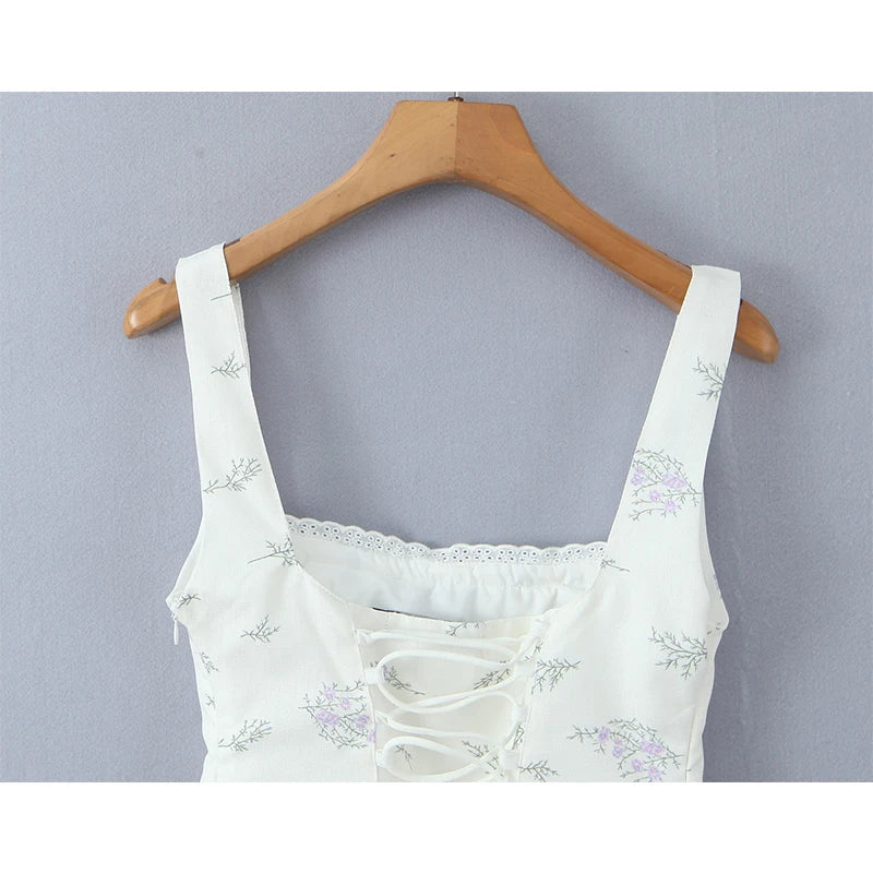 Lace Trim Floral Print Sweet Camis Women Lacing Up Bandage Back Summer Tops French Style Retro Holiday Tank Top