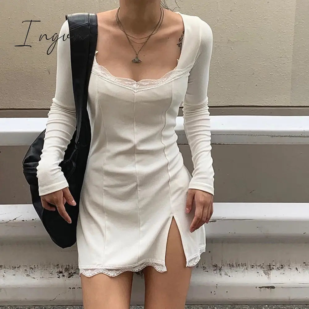 Ingvn - Women Winter Dress Women New Arrivals Sexy Long Sleeve Lace Split Black White Solid Party Dresses Vestidos