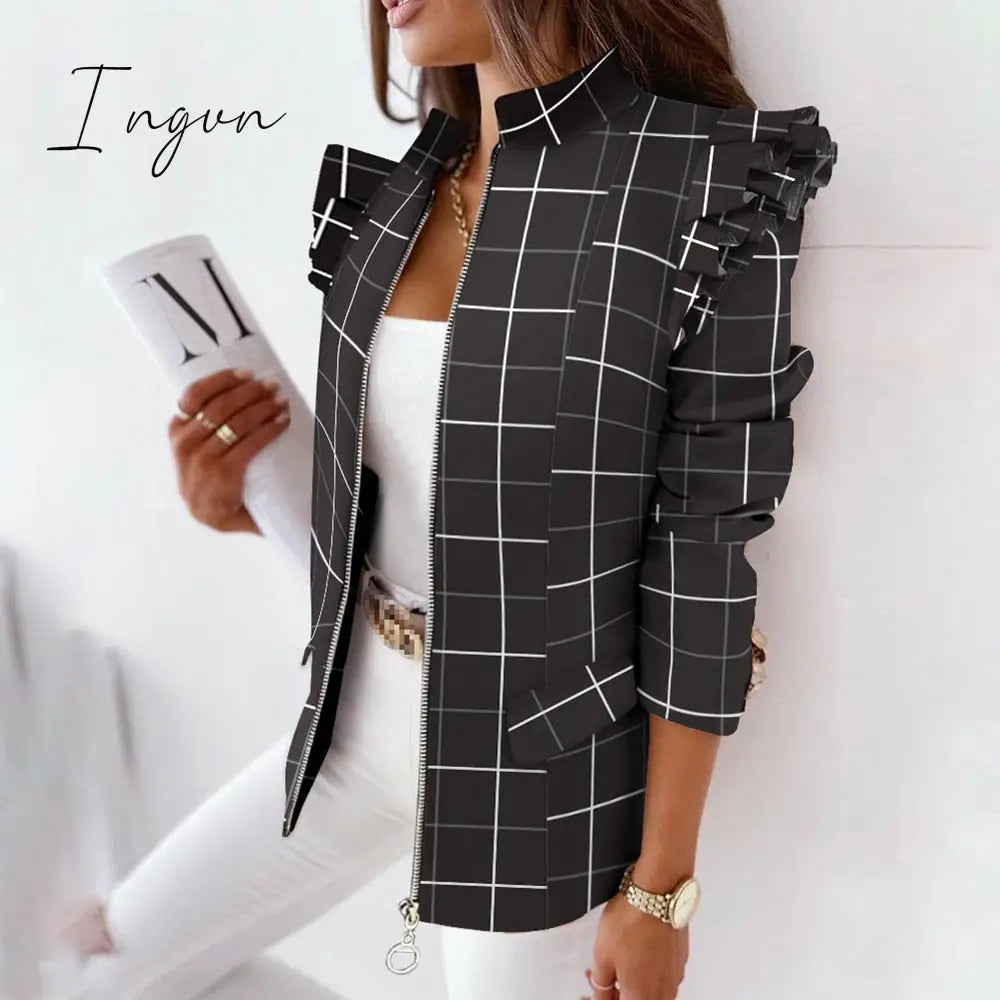 Ingvn - Casual Plaid Jacket Women Spring Autumn Long Sleeve Ruffles Khaki Pink Zippers Woman Coats Fashion Office Lady Jackets Coat