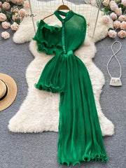 Ingvn - Summer Women Sexy Irregular Dress Elegant Female Ruffle Off Shoulder Slim High Waist Vestidos Green/White/Pink Robe New Fashion