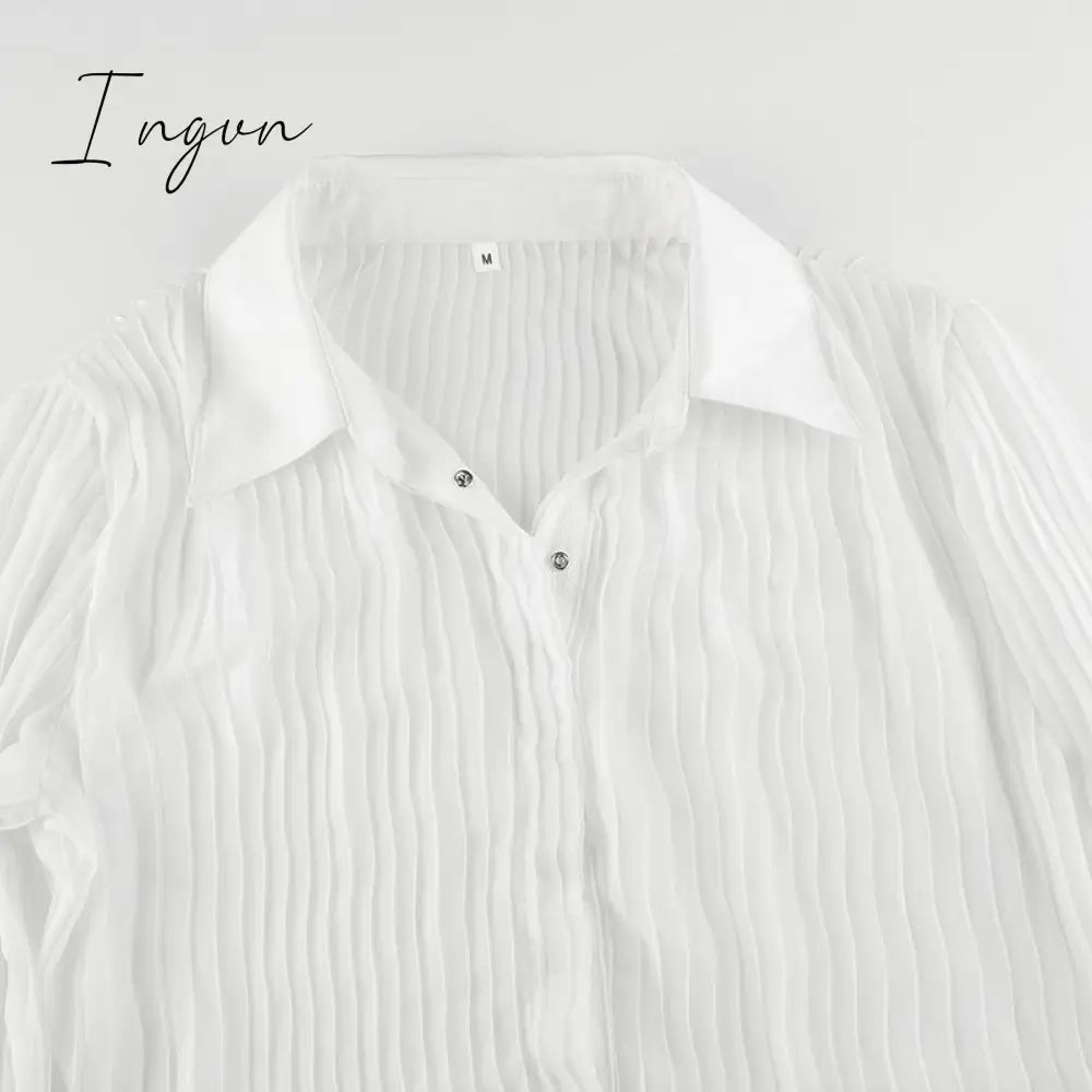 Ingvn - Hot Sell Vintage White Folds Cute Y2K Shirts Women Elegant Fashion Flared Sleeve Button Tops See Through Sexy Mesh Girl Tees