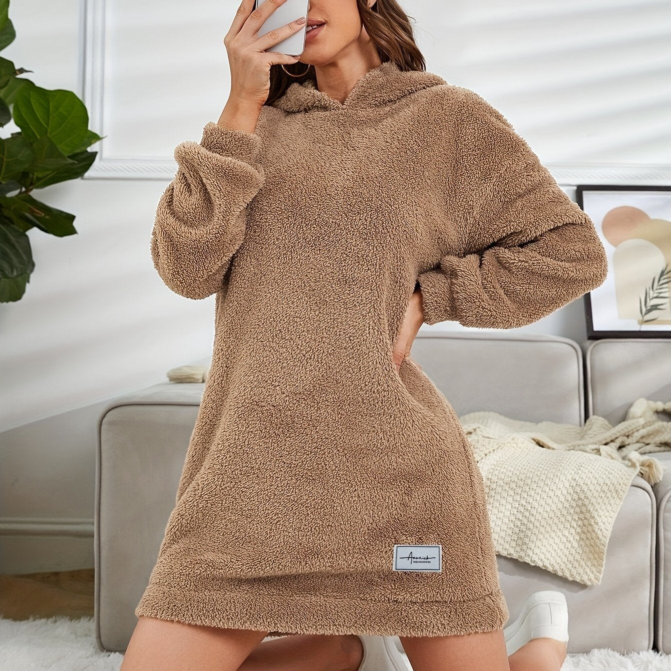 Comfortable All-Season Hooded Tunic Dress - Women's Casual Polyester, Warm and Machine-Washable, Stylish Solid Color for Easy Matching