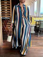 Plus Size Fashionable Outfits Set, Women's Plus Striped Long Sleeve Button Up Shirt & Wide Leg Pants Outfits Two Piece Set