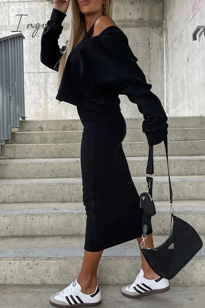 Ingvn - Casual Simplicity Solid Patchwork Hooded Collar Long Sleeve Two Pieces(3 Colors)