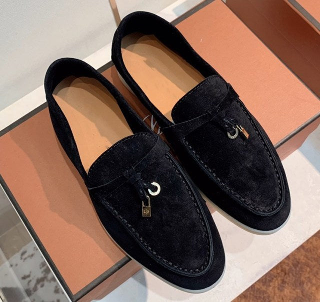 Trend New Kidsuede Women Flat Shoes Lazy Slip-on Metal Loafers Lady Casual Walk Shoes Woman Single Shoes Summer Real Leather