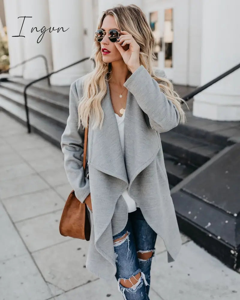 Ingvn - Autumn Midi-length Women's Trench Coat Long Sleeve Lace Up Pocket Female Coats Winter Warm Fashion Loose Ladies Outerwear