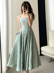 Elegant Square Neck Polyester 1pc Dress - Flared A-Line Pendulum Solid Color Textured Weave Spring/Summer Dress for Women