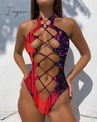 Ingvn - 2023 Sexy Solid Color Halter One Piece Swimsuit Women Push Up Hollow Out Bikini Swimwear Female Cross Bandage Bathing Suit Biquini