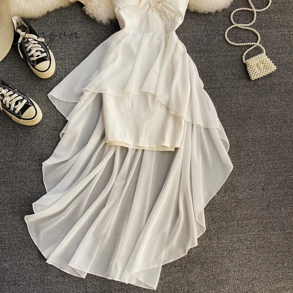 Ingvn - Women Dress Spring Summer French Elegant Sexy Gentle Temperament Female Irregular Tube Top Sling Big Swing Vestido
