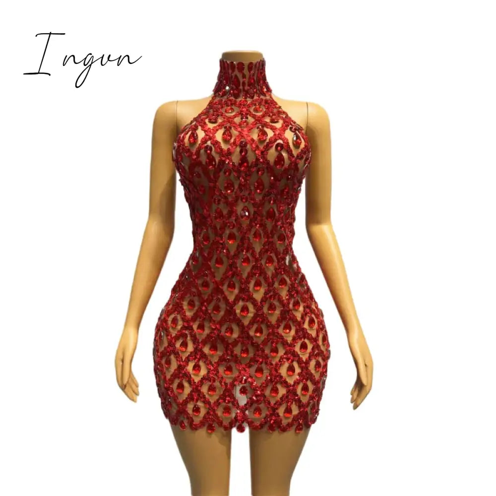 Ingvn - Sparkly Black Sequins Sleeveless Birthday Stones Transparent Backless Dress Shiny Evening Celebrate Outfit Stretch Mesh shaokao