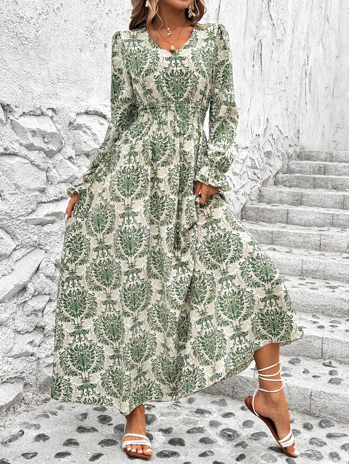 Paisley Print V Neck A-line Dress, Elegant Cinched Long Lantern Sleeve Dress For Spring & Fall, Women's Clothing