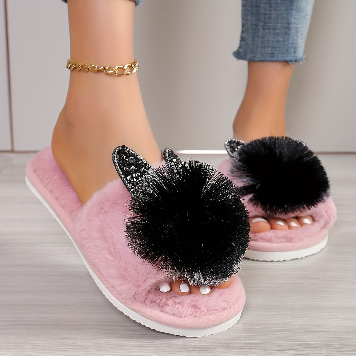 Cute Pom-pom Cat House Slippers, Cozy Open Toe Plush Flat Floor Shoes, Winter Warm Home Fuzzy Slippers