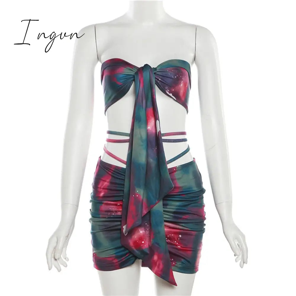 Ingvn - Print Two Piece Set Women Strapless Crop Top And Mini Skirt Set Female Fashion Bandage Sexy Party Skirt Set Clothes