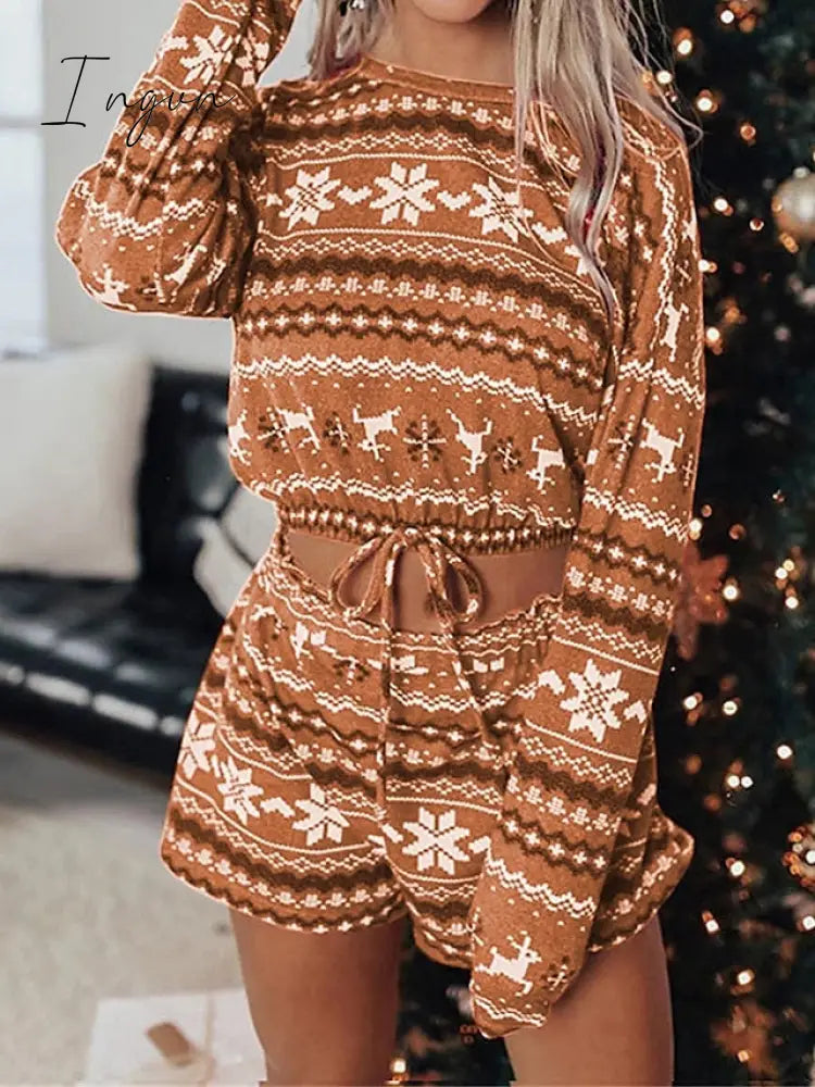 Ingvn - Women's Loungewear Sets Stripe Snowflake Casual Comfort Home Christmas Daily Polyester Breathable Crew Neck Long Sleeve Shorts Spring Fall Wine Red