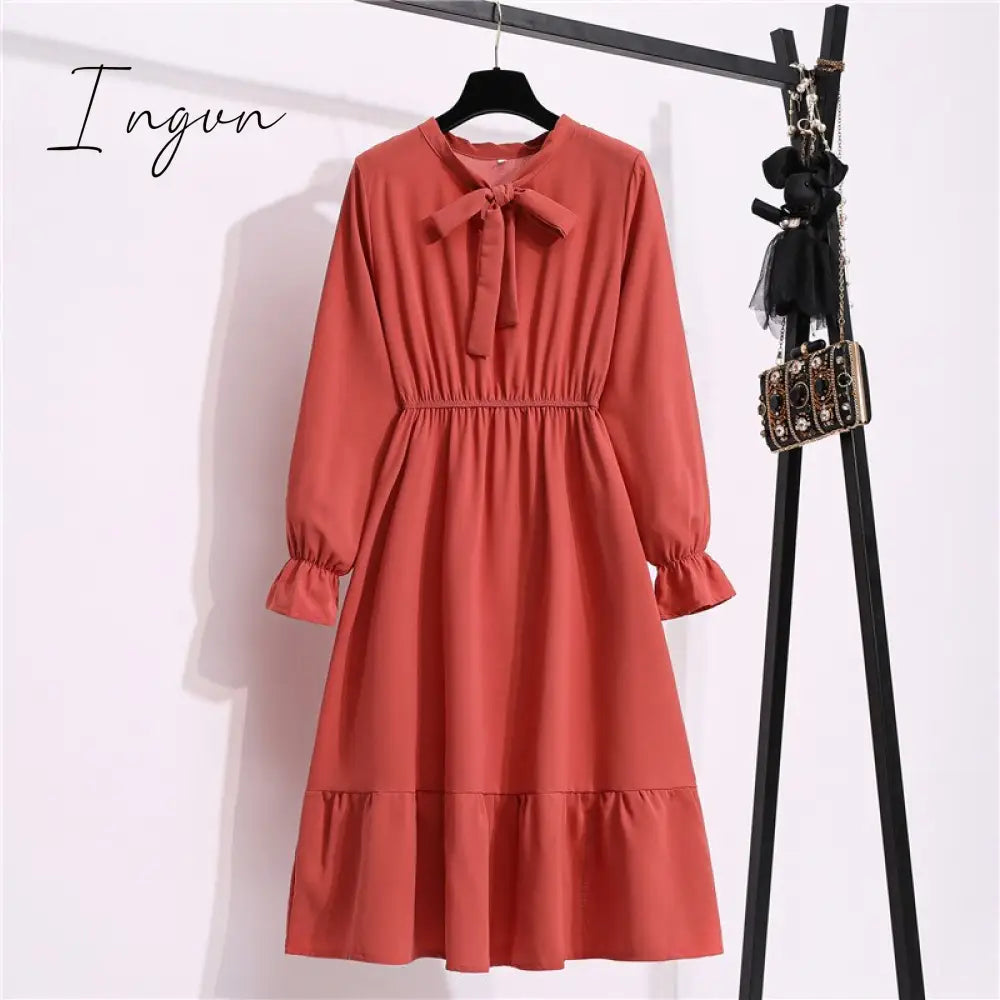 Ingvn - 11 Style Beautiful Fashion Summer Women Long Sleeve Dress Retro Collar Casual High Waist Dresses Floral Print Chiffon Clothing