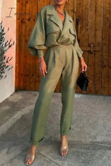 Ingvn - Casual Solid Patchwork Turndown Collar Long Sleeve Two Pieces