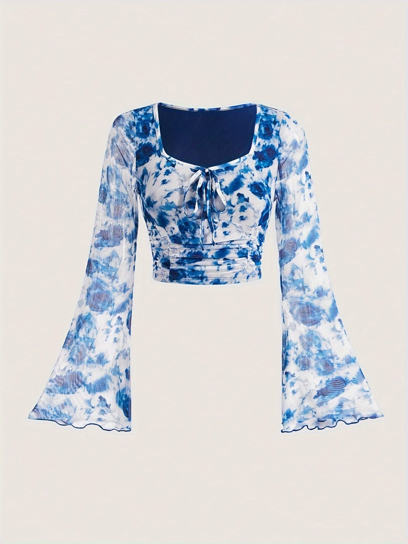Trendy Tie Dye Print Ruched T-Shirt - Flattering Long Flare Sleeves, Casual Chic Top for Spring and Fall, Coquette Y2K Style Women's Clothing with Relaxed Fit and Soft Fabric