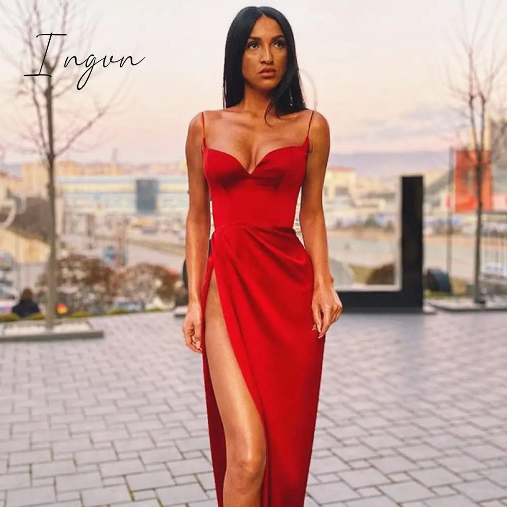 Ingvn - Summer Dresses For Women Sexy Black Satin Spaghetti Straps Low Cut Long Dress Women Summer Ruched Side High Split Maxi Dress Elegant Party Club