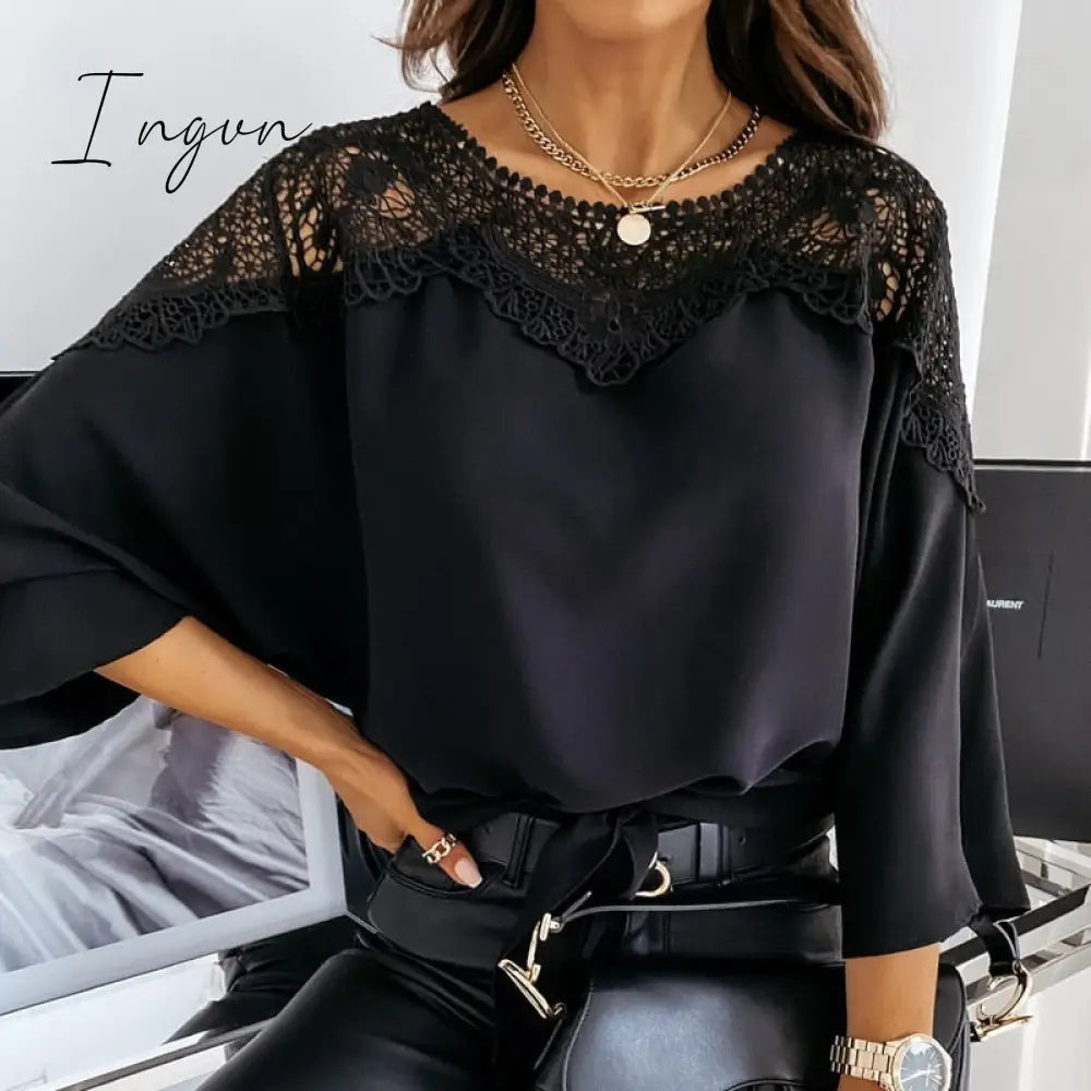 Ingvn - New Crochet Embroidery Lace Blouses Women Autumn Sexy Lace Stitching White Shirts Vintage Elegant Ladies Tops Blusas 12459
