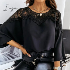 Ingvn - New Crochet Embroidery Lace Blouses Women Autumn Sexy Lace Stitching White Shirts Vintage Elegant Ladies Tops Blusas 12459