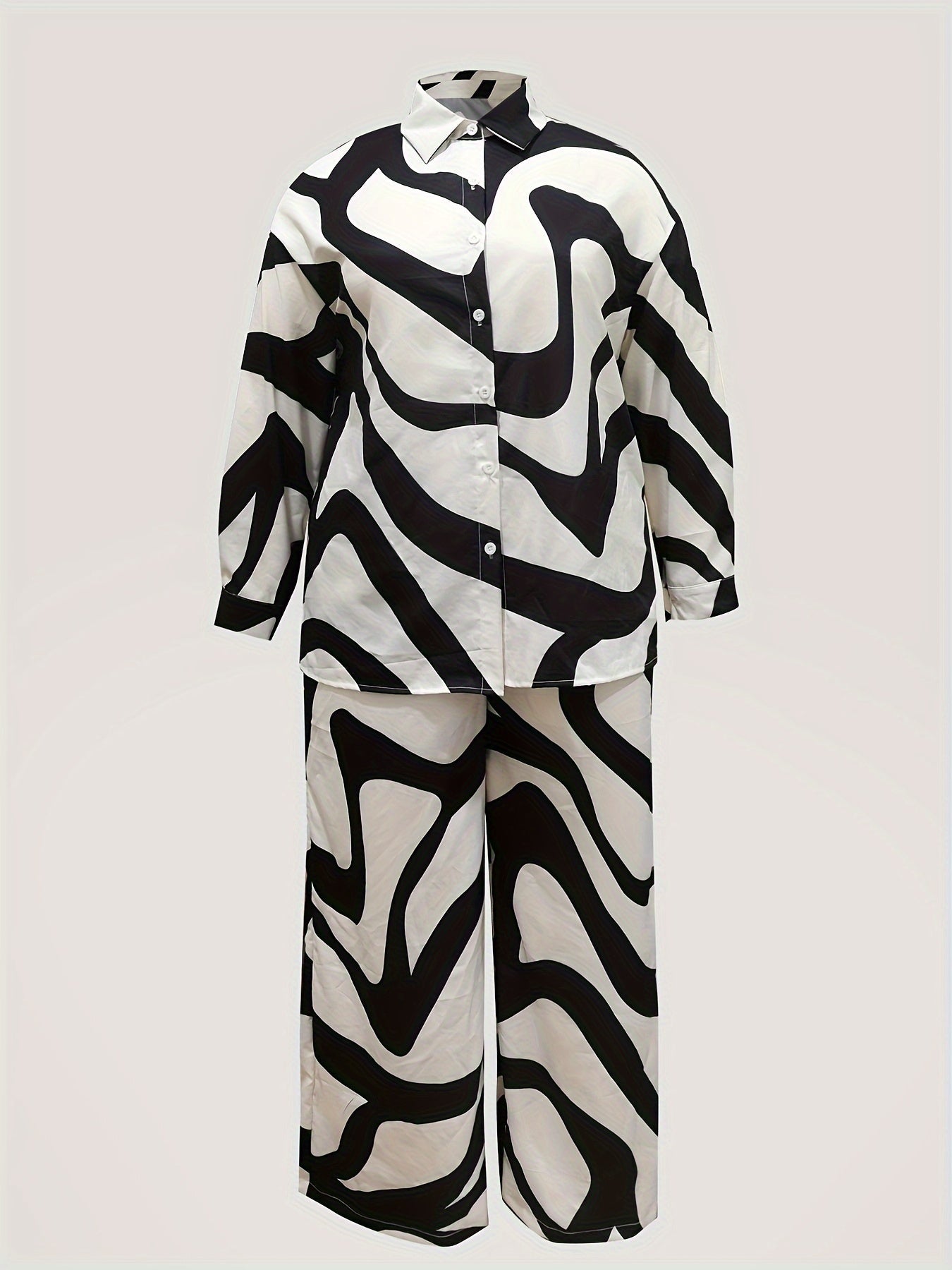 Long Sleeve Plus Size Two-piece Set, Geometric Print Buttons Shirts & Wide Leg Pants Outfits, Women's Clothing