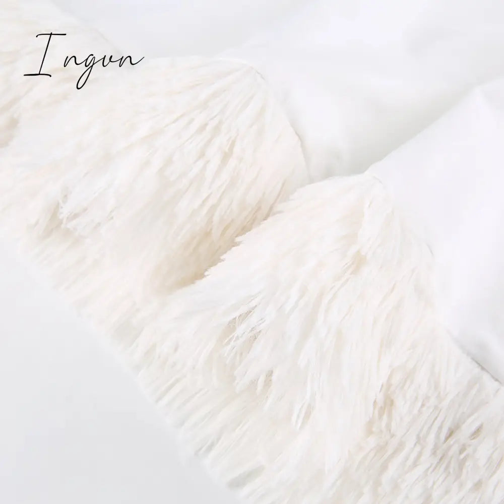 Ingvn - Furry Long Sleeve Hooded Bodycon Mini Dresses Women White V Neck Fuzzy Dress Skinny Christmas Party Streetwear Winter