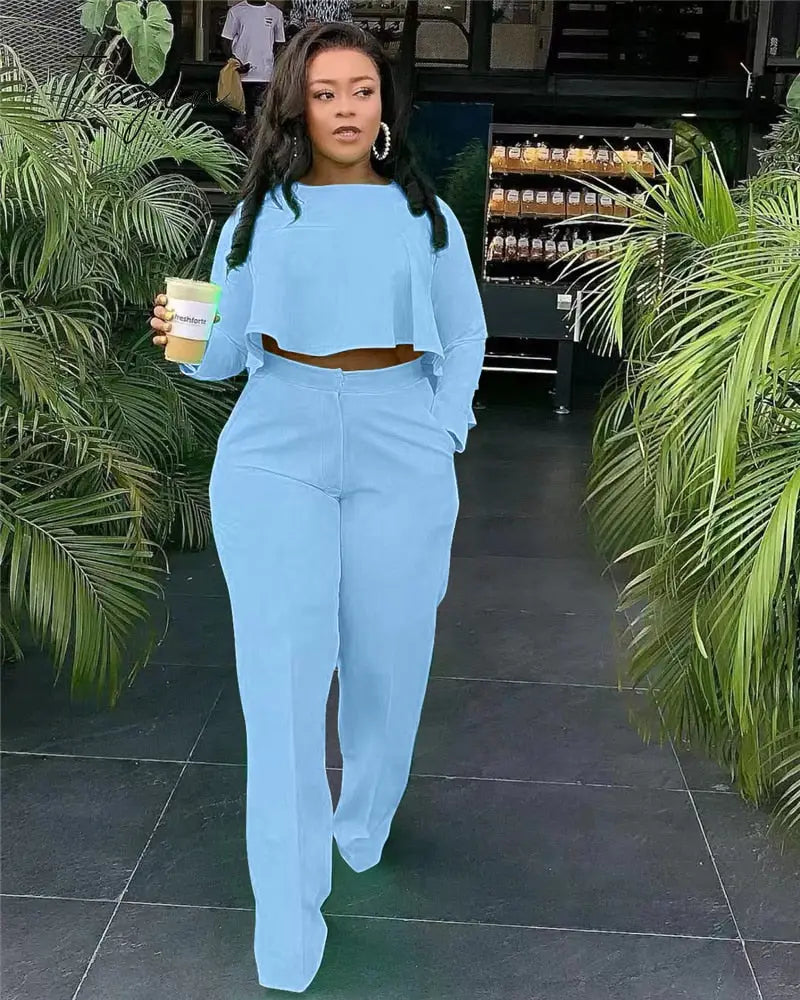 Ingvn - 2023 Elegant Work Wear Two Piece Set Fall Clothes for Women Ruffles Crop Top and Wide Leg Pants Suits Matching Sets Sexy Club Outfits